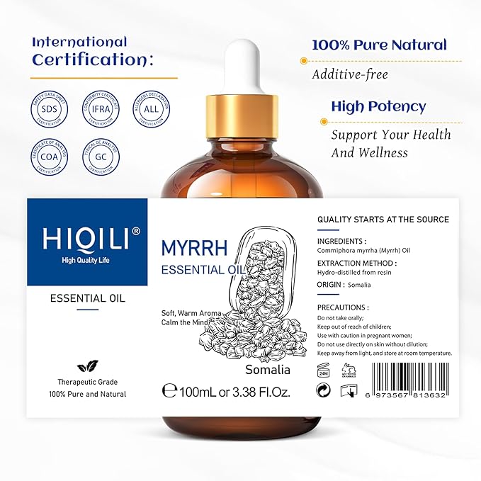 HIQILI 100ML Myrrh Essential Oil for Skin, Diffuser & Candle, 100% Pure and Natural - 3.38 Fl Oz-Velvo Beauty