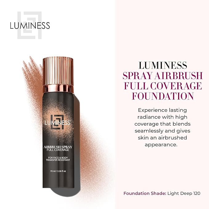 LUMINESS Spray Airbrush Foundation Makeup, Light Deep Shade 120 - Lightweight, Full Coverage Foundation for Face, Neck, & Body - Concealer for Seamless Blending, Natural-Looking Finish, 2.36 fl oz-Velvo Beauty