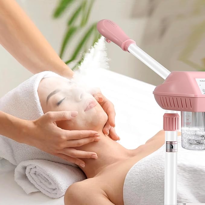Face Steamer on Wheel Professional Ozone Face Steamer for Deep Facial Cleansing Pink-Velvo Beauty