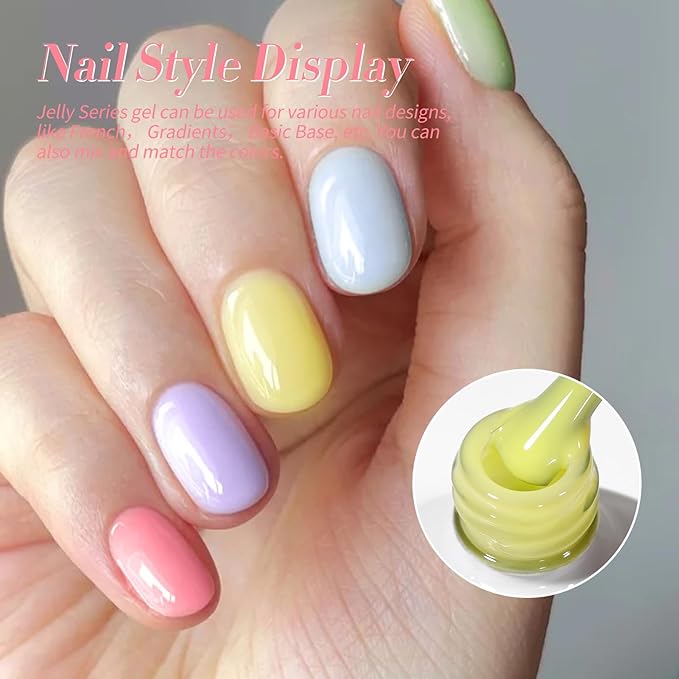 Born Pretty Jelly Pastel Gel Nail Polish 6 Colors Spring Summer Yellow Green Blue Purple Pink Candy Sweet Colors Apex Building Effect Gel Polish Kit Nail Art Gel Manicure Kit DIY at Home Salon Gifts-Velvo Beauty