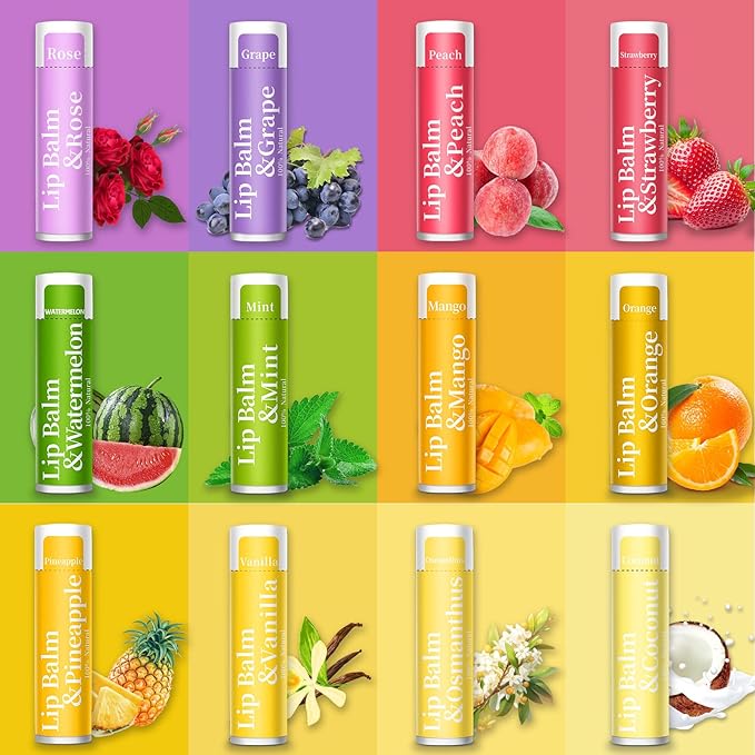 64 Pack Lip Balm, 12 Flavored Organic Natural Lip Balm Bulk Set with Coconut Oil, Moisturizing Lip Balms for Dry Cracked Lips,Bulk Lip Balms Hydrating for Gifts Party Favors(4.2g/0.15oz)-Velvo Beauty