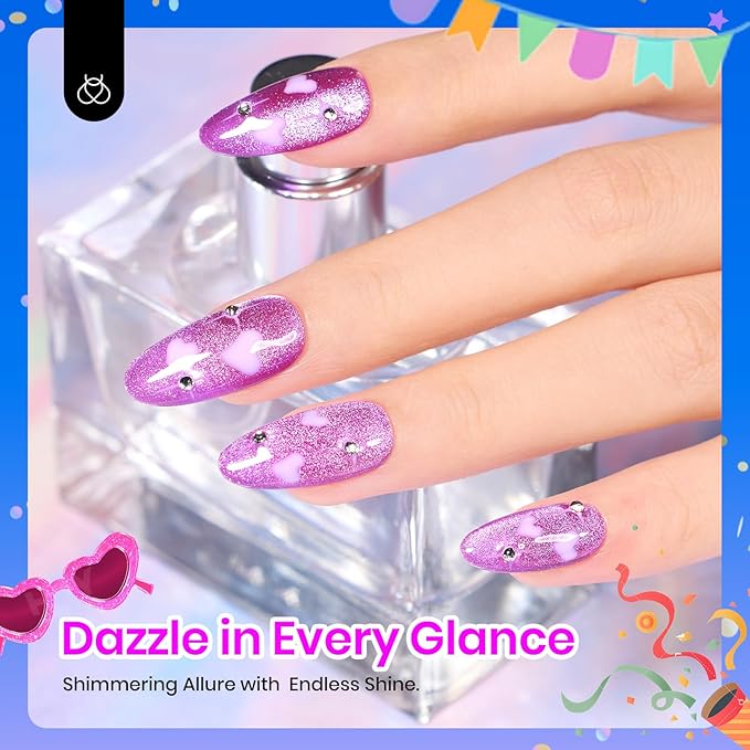 Beetles Cat Eye Gel Nail Polish, 6 Colors Summer Cat Eye Glitter Gel Polish Set Neon Red Pink Purple Blue Green with Magnet Velvet Gel Kit French Nail Art Manicure Gift for Women-Velvo Beauty