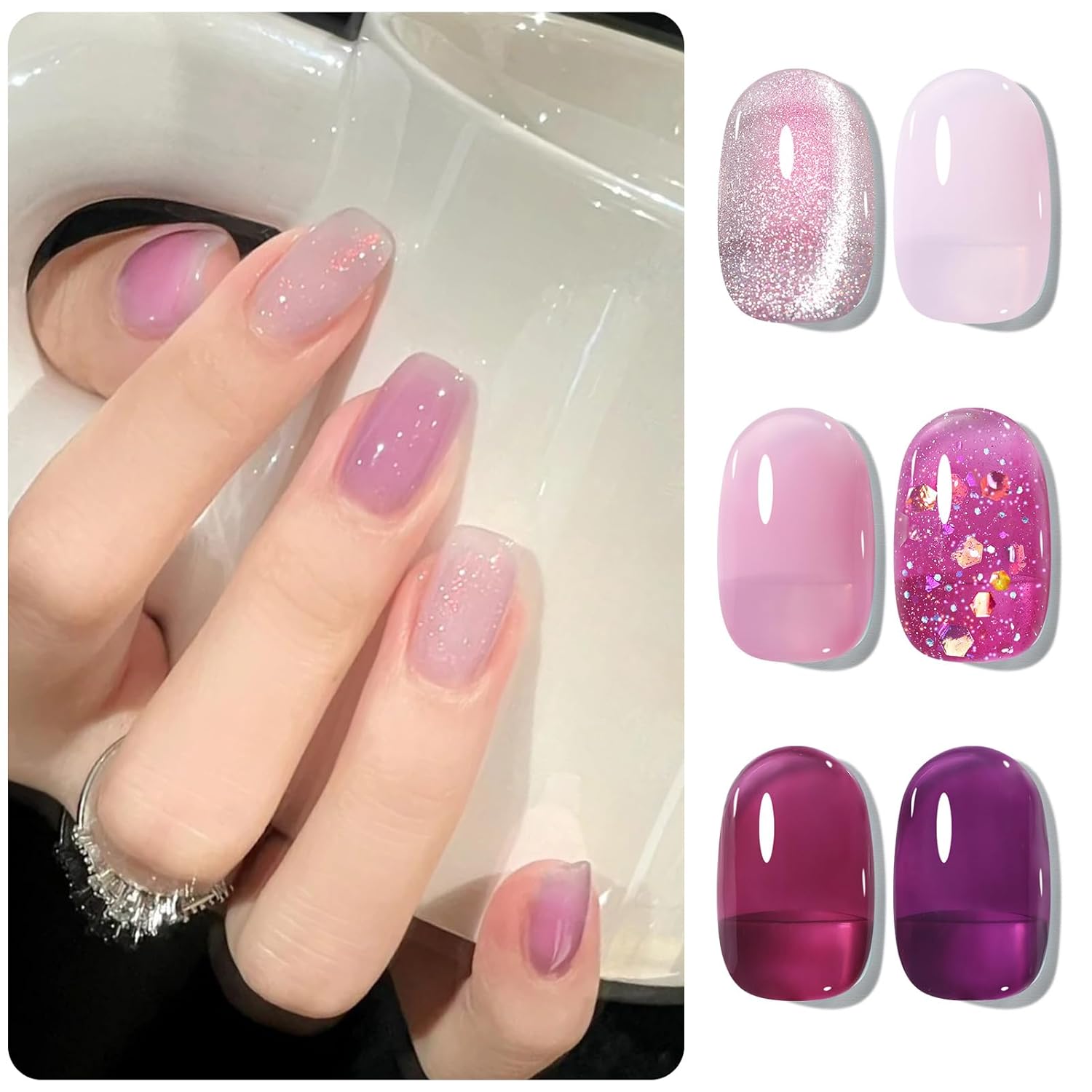 BORN PRETTY Jelly Purple Gel Nail Polish Transparent Sheer Pink Grape Purple Shimmer Glitter Jelly Gel Polsih Nail Art Manicure DIY at Home 6PCS-Velvo Beauty