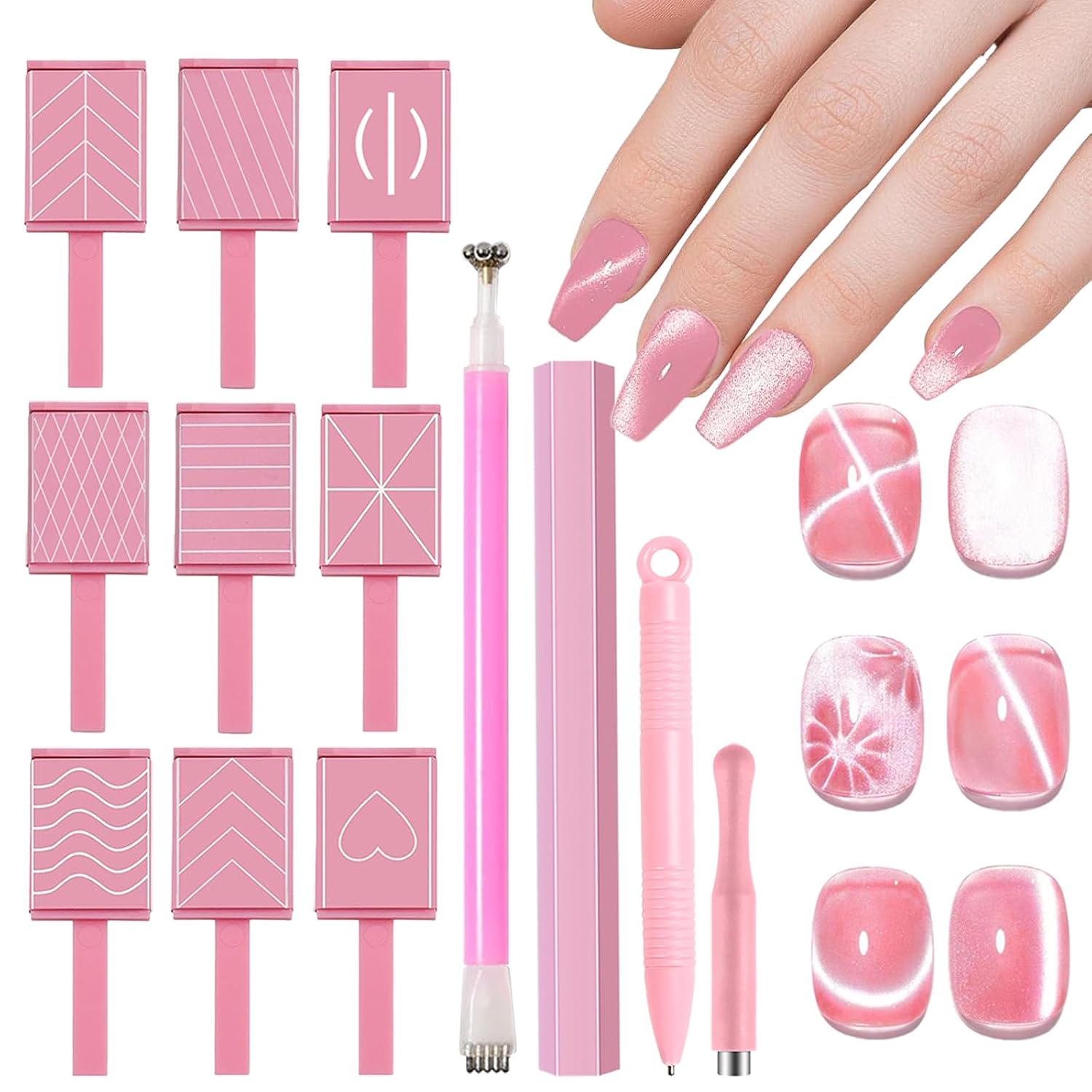 13pcs Pink Cateye Magnet for Nails Double-Ended Hexagon Nail Magnet Stick Flower Cat Eye Magnetic Pen 9 Stripe Nail Magnet Plates for Cat Eye Gel Nail Polish-Velvo Beauty
