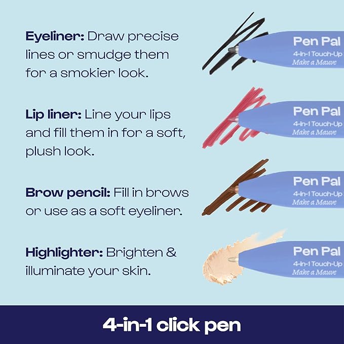 Alleyoop Pen Pal Touch-Up 4-in-1 Makeup Pen, Make A Mauve (Light - Medium) - Travel Make Up Set with Eyeliner, Brow Pencil, Highlighter & Lip Liner - High-Pigment Formula, Easy & Smooth Application-Velvo Beauty