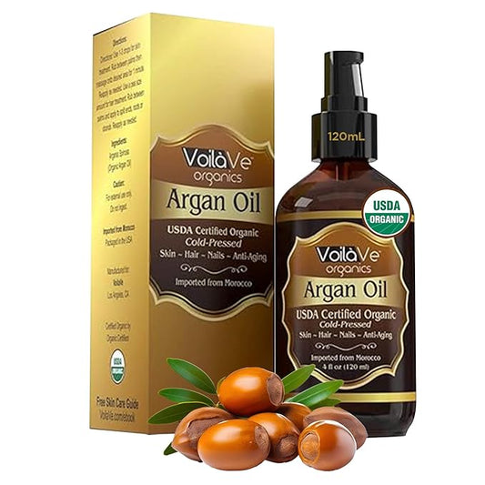 VoilaVe USDA and ECOCERT 100% Pure Organic Moroccan Argan Oil for Skin, Nails & Hair Growth, Anti-Aging Face Moisturizer, Cold Pressed, Hair Moisturizer, Rich in Vitamin E, As Seen On TV - 4 fl oz-Velvo Beauty
