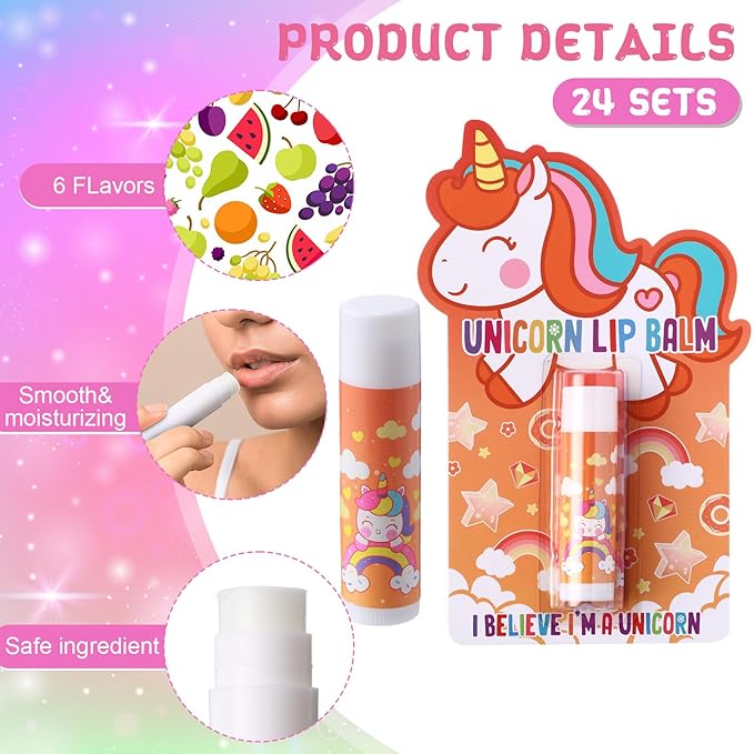 24 Sets Unicorn Party Favors Lip Balms Bulk for Kids Birthday Party Moisturizing Lip Balm for Unicorn Themed Celebration Gifts Lip Care Products for Classroom Rewards Favor Party Supplies-Velvo Beauty