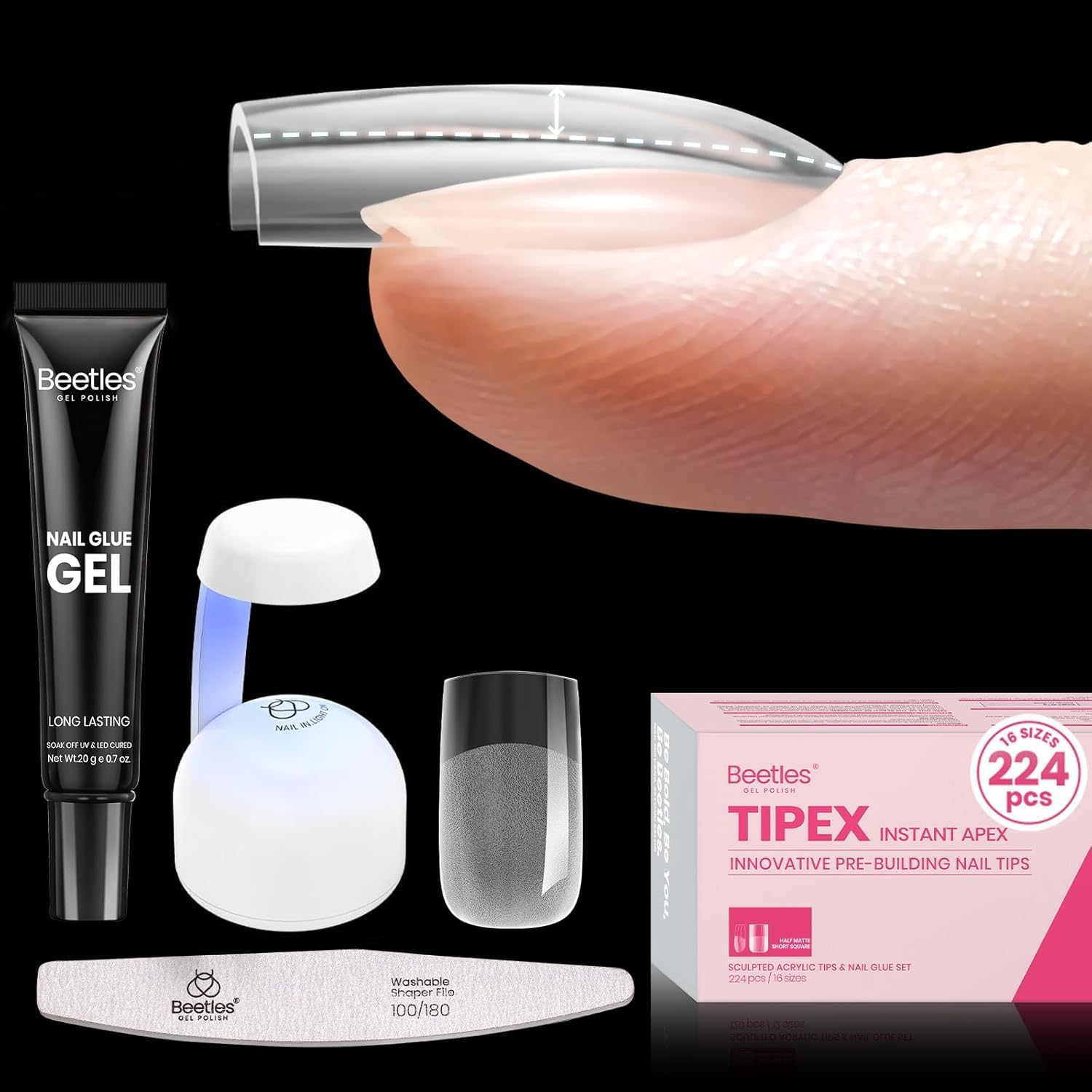 Beetles Tipex Instant Apex Nail Tips Kit Short Square , 224 Pcs Pre-Building Pre-Etched False Nail Tips with Tipex Nail Glue, Mini Nail Lamp-Thick Acrylic Nail Tips Set-Velvo Beauty