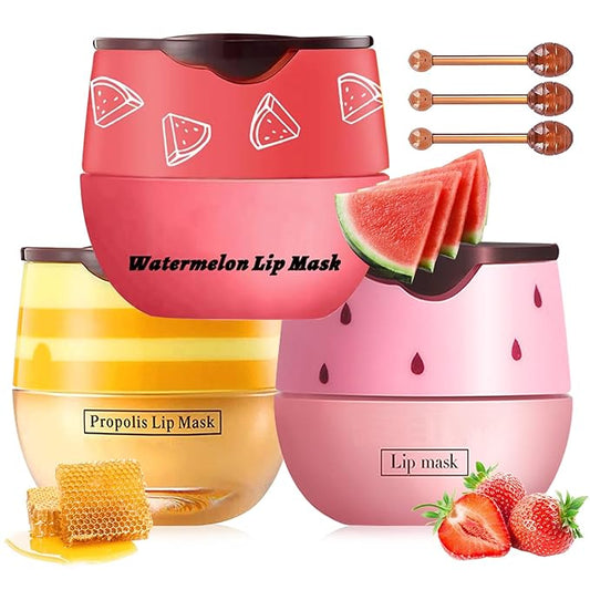 3 PCS Bee Lip Balm Lip Mask Honey Pot, Honey & Strawberry & Watermelon Lip Mask Overnight Propolis Moisturizing Lip Balm with Stick, Hydrating Repair Lip Sleeping Mask,Prevention Dry & Cracked-Velvo Beauty