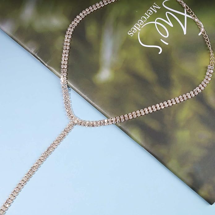 Boho Rhinestone Crystal Y Necklace Tennis Chain Y Lariat Necklace Long Gold CZ Drop Chain Necklace Sparkle Party Nightclub Necklace Chain Jewelry for Women and Girls-Velvo Beauty