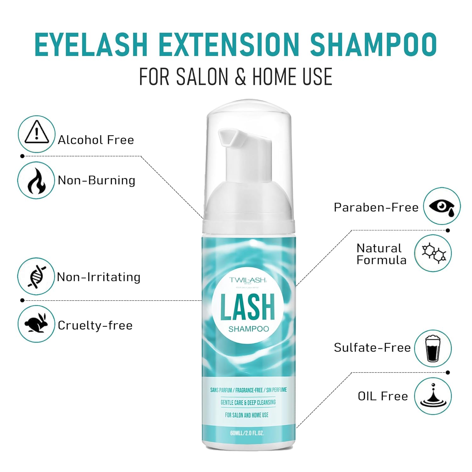 Lash Shampoo for Lash Extensions 2 Fl Oz / 60ml - Includes 2 Lash Shampoo Brushes for Cleansing - Eyelash Extension Cleanser for Professional Salon and Home Use (Unscented-60ml)-Velvo Beauty