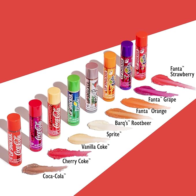 Lip Smacker Coca-Cola Flavored Balm, 8 Count, Flavors Coke, Cherry Vanilla Sprite, Root Beer, Orange Fanta, Grape Strawberry Fanta-Velvo Beauty