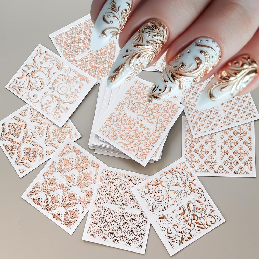 30 Sheets Rose Gold Lace Line Nail Stickers 3D Self Adhesive Nail Art Charms Sticker Decals for Crafts Supplies Accessories (ST-RG)-Velvo Beauty