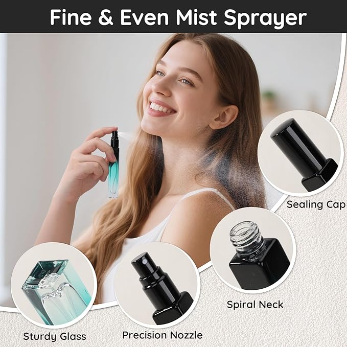 Segbeauty 0.34oz Refillable Perfume Bottle Travel, 5 Pack Glass Spray Bottles for Perfume, 10ml Empty Mini Fine Mist Cologne Travel Bottle, Portable Cologne Sprayer Atomizer with Refill Tool Kit-Velvo Beauty