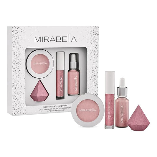 Mirabella 4-Piece Makeup Set for Women & Girls, Illuminizing Holiday Gift Set - Make-Up Set Includes Lip Gloss, Glow Drops, Powder Highlight & Blender Sponge - Talc-Free & Paraben Free Cosmetic Set-Velvo Beauty