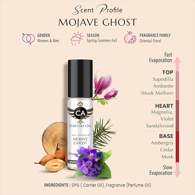 CA Perfume Impression of Mojave Ghost For Women & Men Replica Fragrance Body Oil Dupes Alcohol-Free Roll-On 0.3 Fl Oz/10ml-Velvo Beauty