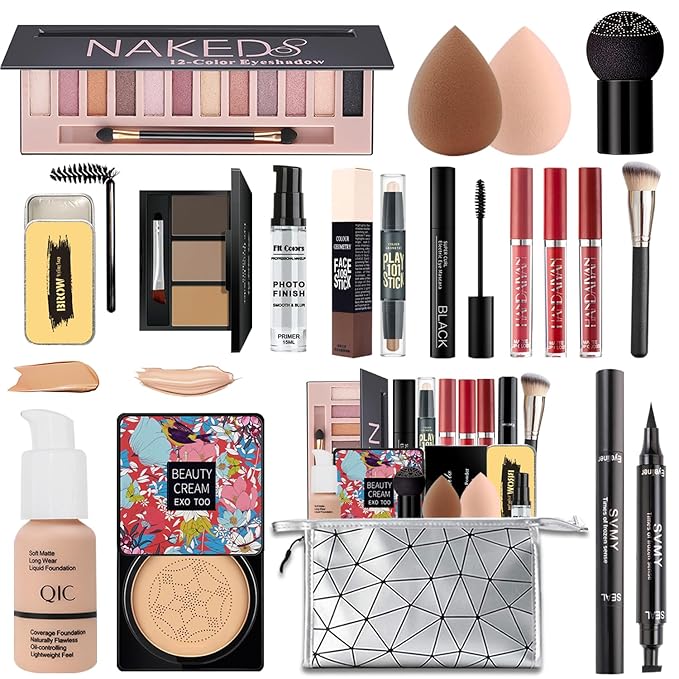 All in One Makeup Kit,Includes Naked Eyeshadow,Liquid Foundation,CC Cream,Lipstick Set,Mascara,Makeup Brush,Makeup Sponge,Eyebrow Powder,Eyebrow Soap,Eyeliner Stamp, Primer,Contour Stick,Cosmetic Bag-Velvo Beauty