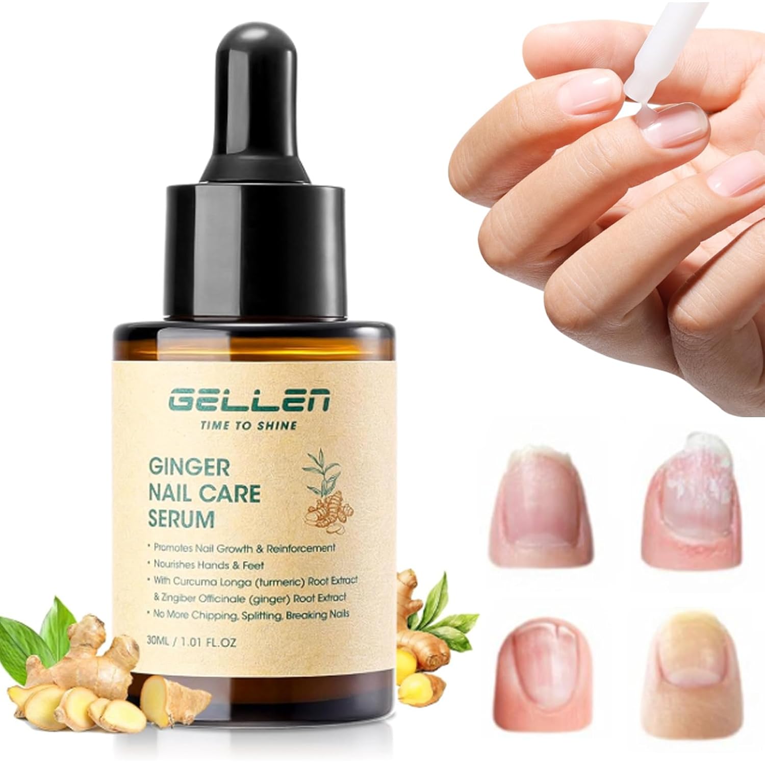 Gellen 30ml Ginger Nail Growth Serum for Nail Strengthener and Growth, Nail Repair Treatment for Weak Brittle Splitting Damaged Nails, Hydrated & Nourished Nail Care Solution for Hands & Feet-Velvo Beauty