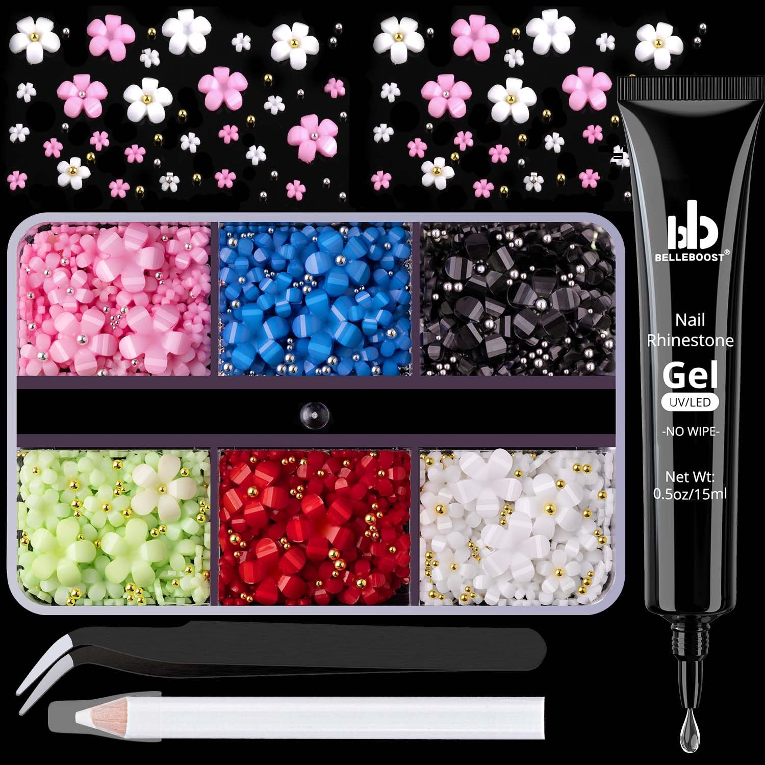 3D Flowers, Manicure Kit with Nail Rhinestone Glue Gel, Colorful Acrylic Flower Nail Charms with Caviar Beads, Rhinestones for Nails + Gem Glue for Nails (UV/LED Needed) with Pickup & Dotting Tools-Velvo Beauty