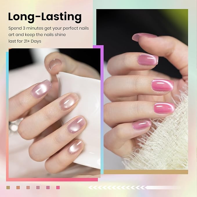 RARJSM Nude Jelly Glass Cat Eye Gel Nail Polish Set 6Pcs Champagne Gold Rose Blush Metal Pink Red Smoothie Ceramics Cateye Silver Glitter Gelpolish with Magnetic Stick UV LED Curing Require Home Salon-Velvo Beauty