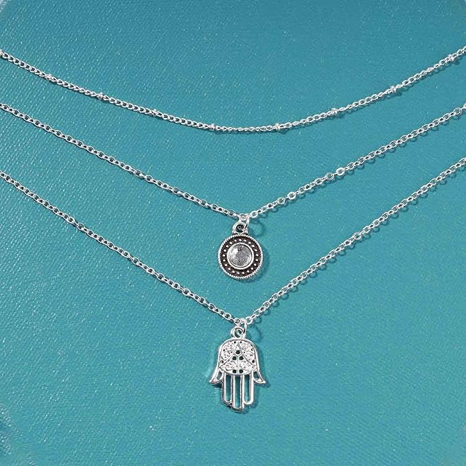 Boho Layered Opal Moonstone Necklace Silver Hamsa Pendant Necklace Futian Hand Necklace Chain Opalite Gem Necklace Jewelry for Women and Girls-Velvo Beauty