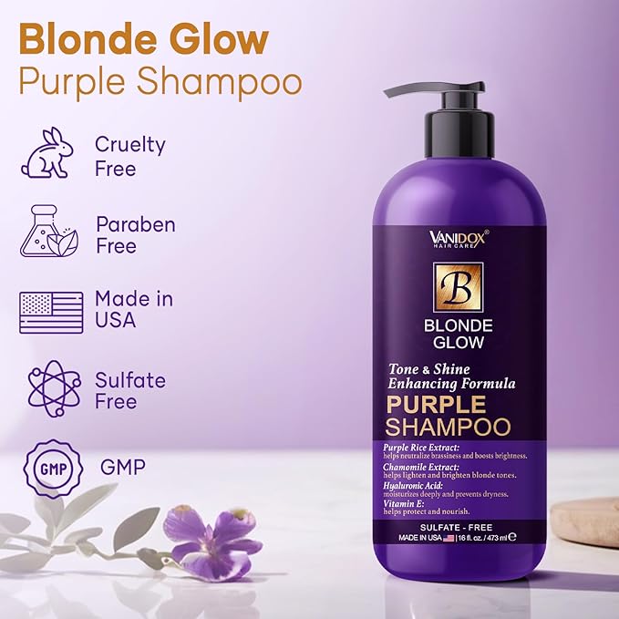 Sulfate Free Brass Toning Purple Shampoo for Blondes, Brown Highlighted, or Bleached Hair, Infused with Purple Rice Extract, Hyaluronic Acid, Vitamin E, and Chamomile Extract (16 fl oz)-Velvo Beauty