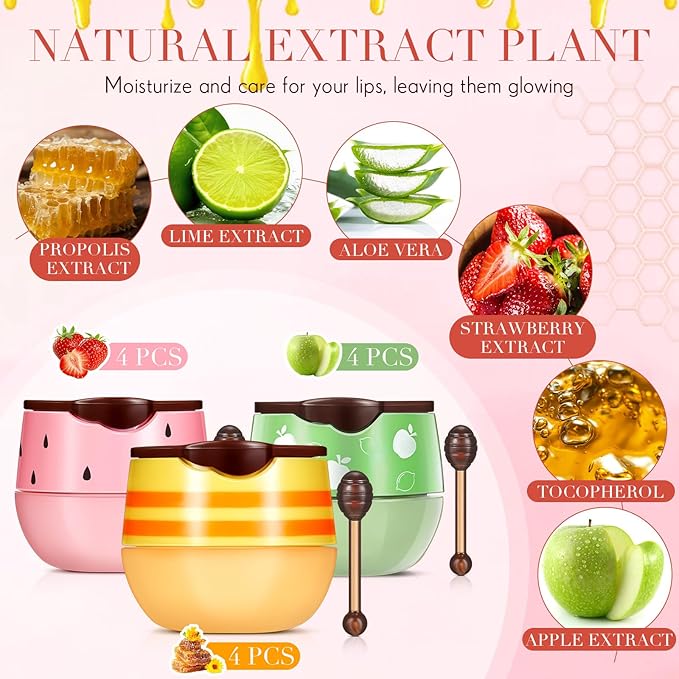 12 Pcs Bee Lip Balm Honey Pot with Brush Propolis Lip Mask Overnight, Moisturizing Hydrating Lip Sleeping Mask Prevention Dry and Cracked(Honey+Strawberry+Apple Lime)-Velvo Beauty