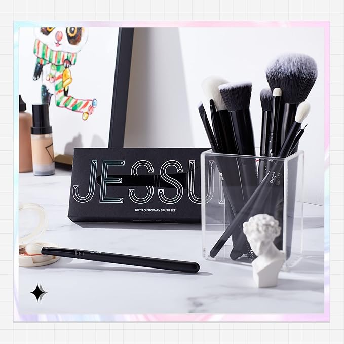 Jessup Makeup Brush Set 10pcs Black Make up Brushes Set Professional with Natural Synthetic Hair for Foundation Blending Blush Concealer Eyeshadow Eyebrow Eyeliner, T323-Velvo Beauty