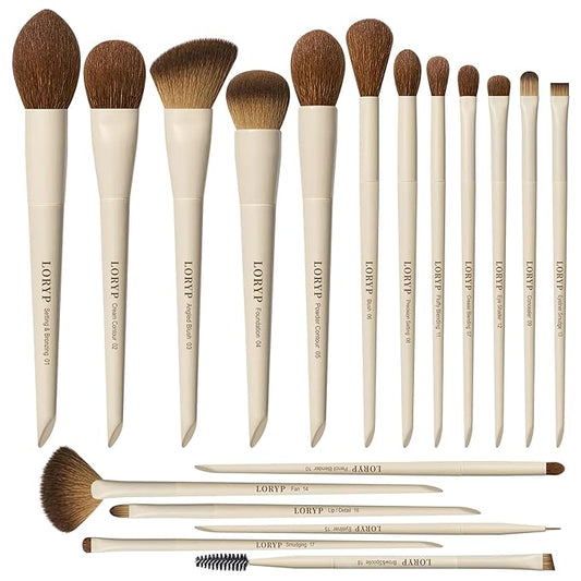 LORYP Makeup Brushes Set Labeled 18 Piece Face and Eye Brush Set Ultra soft hair Foundation, Concealer, Blush, Contour, Blending, Eyeshadow Khaki Brush kit-Velvo Beauty