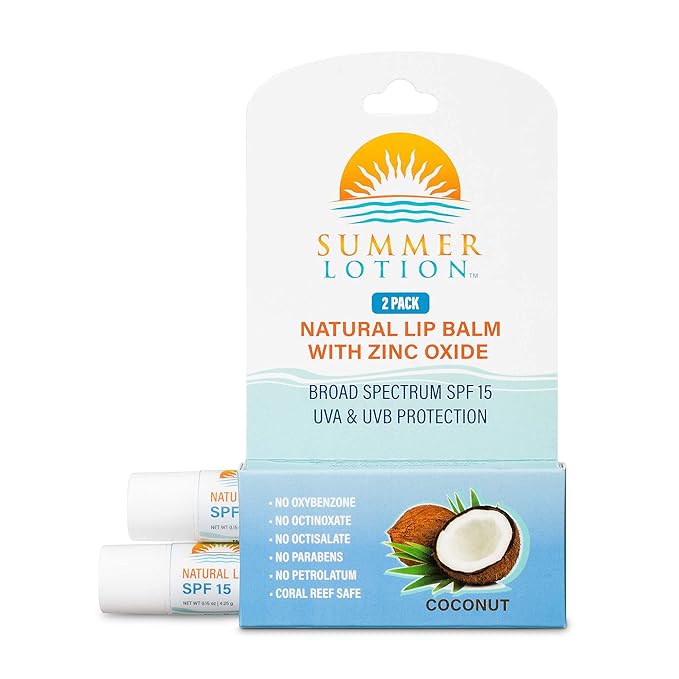 Natural Lip Balm with Zinc Oxide Sunblock by Summer Lotion, SPF 15 Lip Sunscreen 2-Pack, Water Resistant Chapstick, SPF Lip Protection for Everyone, (Coconut)-Velvo Beauty