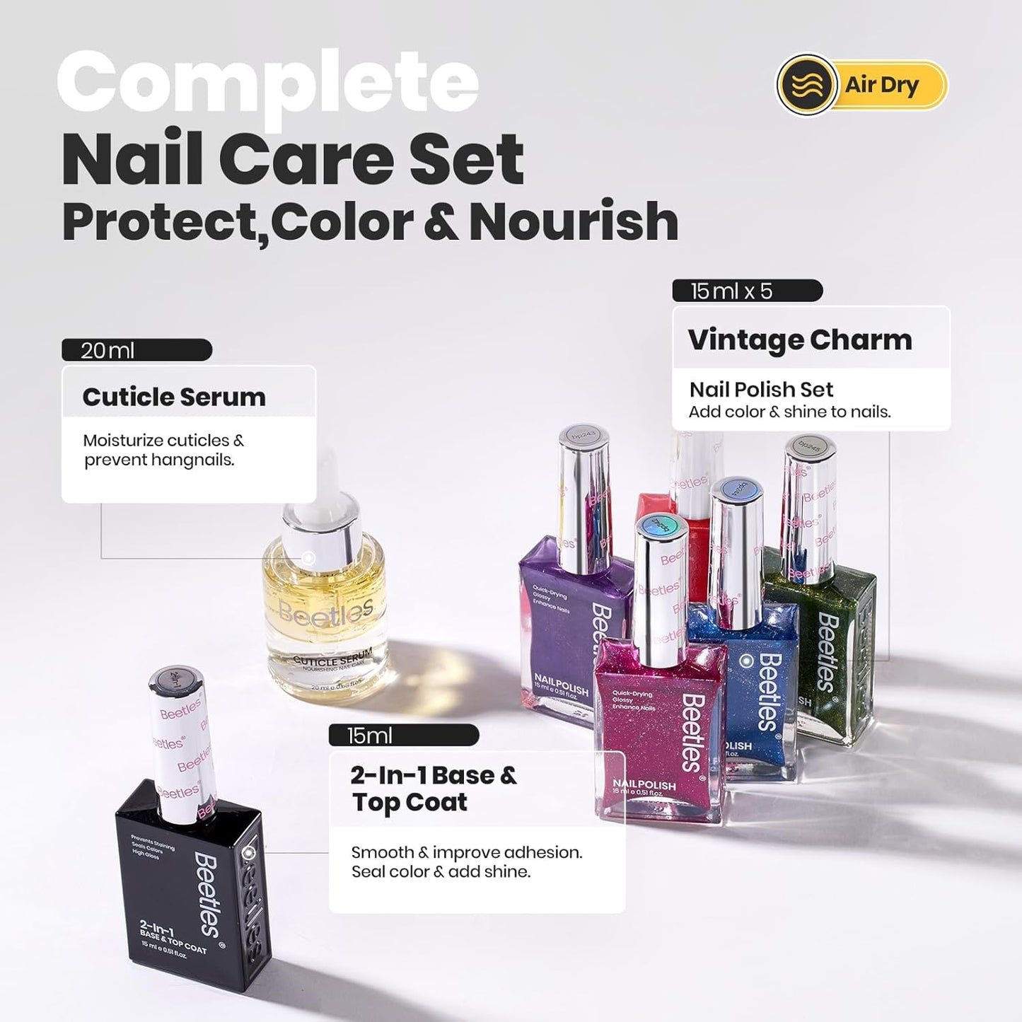 Beetles Glitter Nail Polish Set 7Pcs, Fast Drying & Long Lasting Red Blue Green Nail Polish with 2 IN 1 Base & Top Coat and Cuticle Serum 20ml, All-in-One Care 4th of July Nails Kit Gift Sets-Velvo Beauty