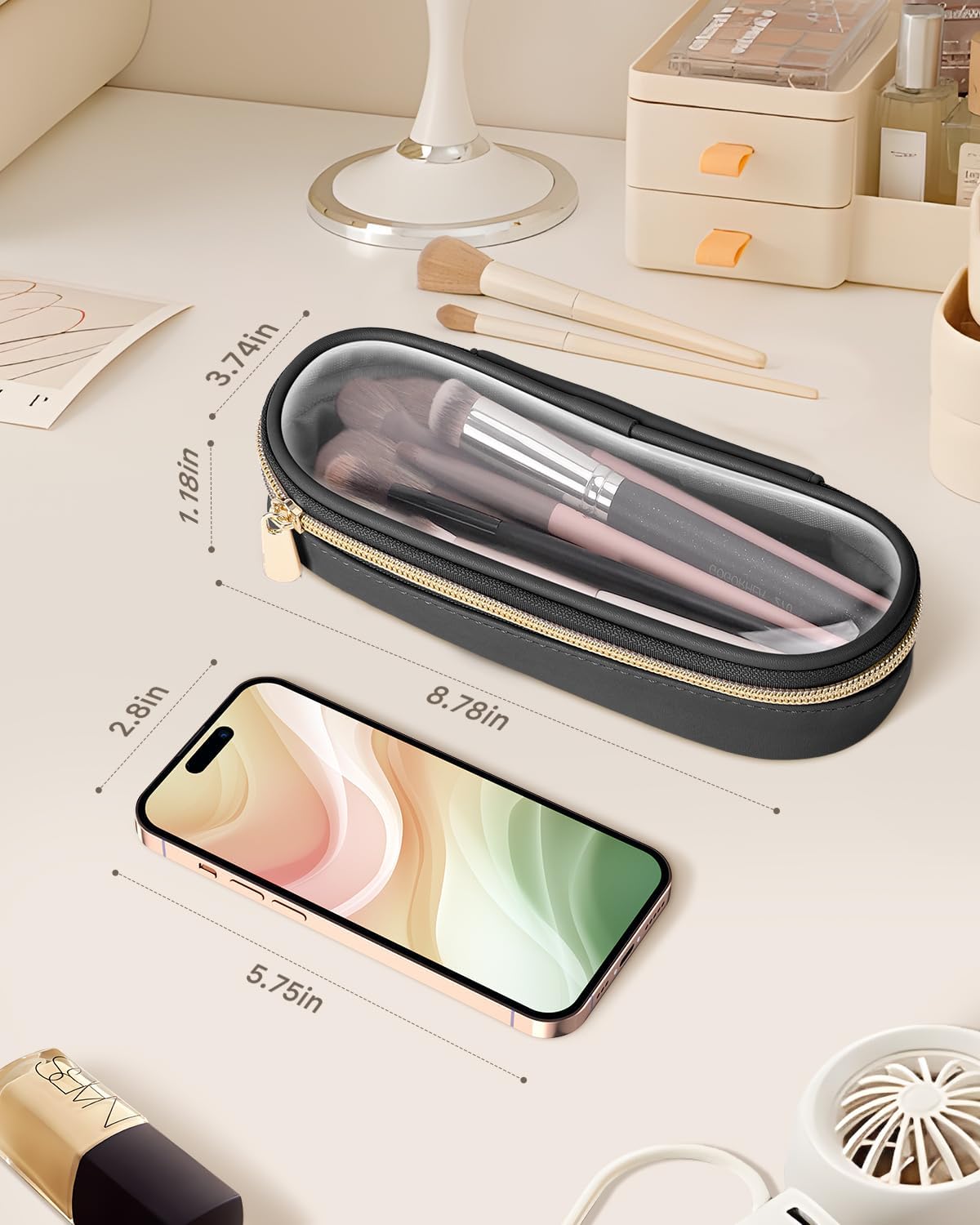 Clear Travel Makeup Brush Holder, Leather Makeup Brush Toiletry Bag, Portable Cosmetic Brush Case, Transparent Waterproof Makeup Brush Storage Bag, Black, Large-Velvo Beauty