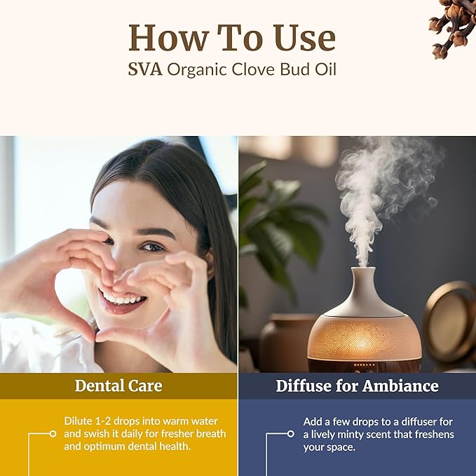 SVA Clove Essential Oil Organic – 4 Fl Oz – 100% Natural Organic Clove Oil - for Diffuser, Hair Care, Face, Skin Care, Aromatherapy, Scalp and Body Massage, Soap and Candle Making - with Dropper-Velvo Beauty
