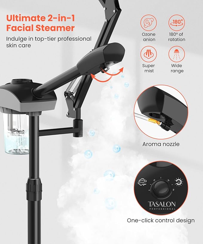 TASALON Professional Facial Steamer with 5X Magnifying Lamp, 2-in-1 Esthetician Steamer on Wheels with Ozone and Hot Mist, Ionic Facial Steamer for Facial Deep Cleaning and Moisturize-Velvo Beauty