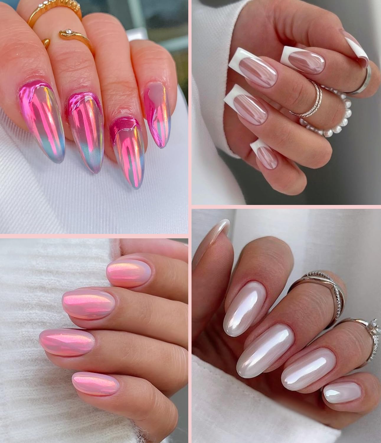 Pearl Chrome Nail Powder BISHENGYF -【Fairy Effect】 Pink Chrome Nail Powder White Pearlesent Aurora Mermaid Iridescent Nail Chrome Powder, Metallic Mirror Glitter Pigment Dust for Nail Art DIY 2PCS-Velvo Beauty