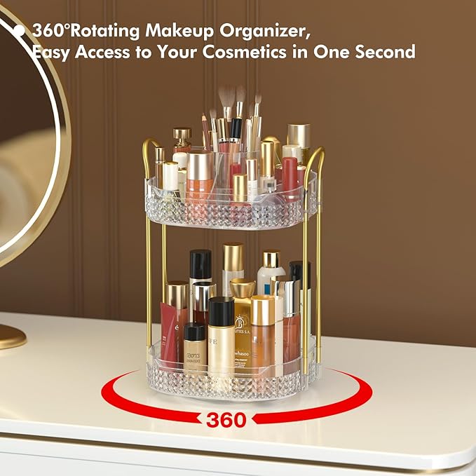 Awenia Rotating Makeup Organizer 360, Stackable Adjustable Large Capacity Cosmetic Storage Unit,Dresser Bathroom Kitchen Countertop Organizer with Metal Handle, Plus Size (Clear, 2 Tier)-Velvo Beauty