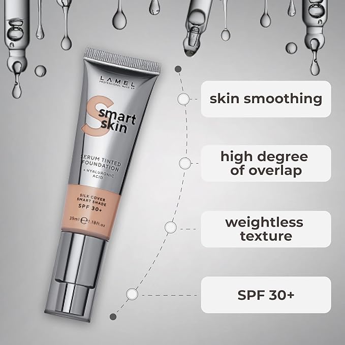 LAMEL Smartskin Serum Tinted Foundation - Hydrating & Nourishing - Hypoallergenic & Skin-Caring - Color Correcting - Anti-Aging Formula with Hyaluronic Acid, 404-1,18 fl.oz-Velvo Beauty