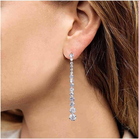 Vintage Rhinestone Chain Drop Earrings Silver Linear Crystal Earrings Sparkle Cz Tassel Earrings Long Cz Chain Stud Earrings Jewelry for Women and Girls-Velvo Beauty