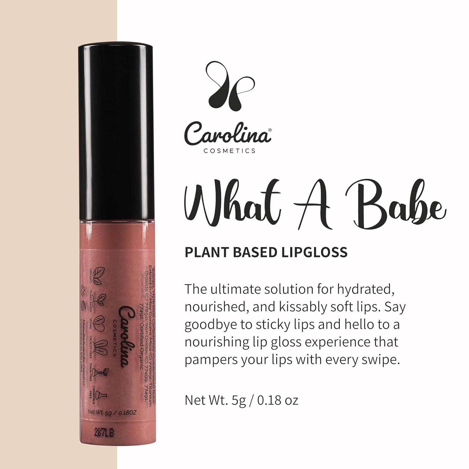 Plant-Based Non-Sticky Lip Gloss (What A Babe) - Hydrating & Nourishing with Sunflower Seed Oil, Cacao & Grape Seed Oil - Gluten-Free, Vegan, Non-GMO, Paraben-Free - 5g/0.18oz-Velvo Beauty