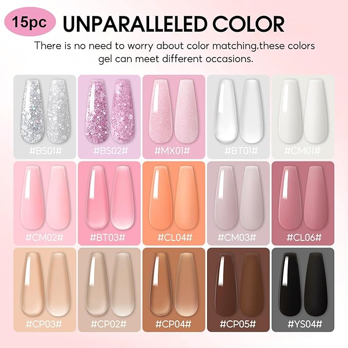 44PC Poly Nail Gel Kit with U V Lamp Starter Kit, 16ML 15 Colors Poly Extension Gel with Light Slip Solution Nail Rhinestones Glitter Decoration Powder Nail Art Kit for Beginners Gifts for Women-Velvo Beauty