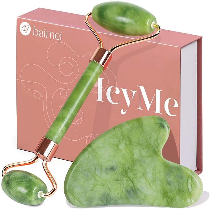 BAIMEI IcyMe Gua Sha & Jade Roller Facial Tools Face Roller and Gua Sha Set for Puffiness and Redness Reducing Skin Care Routine, Self Care Gift for Men Women - Green-Velvo Beauty