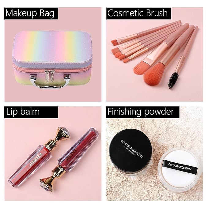 Makeup Kit for Teen Girls,All in One Makeup Kit for 2X16 Colors Eyeshadow Liquid Foundation Eyeliner Pencils Contouring Stick Lip Gloss Eyebrow Pencils 8Pcs Makeup Brushes etc (rainbow)-Velvo Beauty