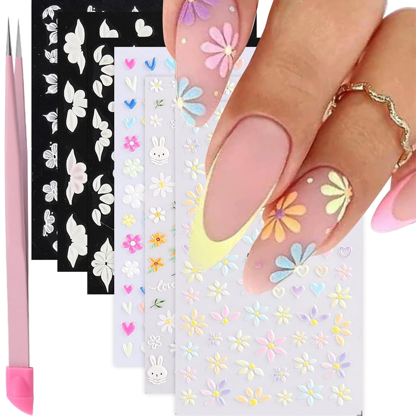 6 Sheets Flower Nail Art Stickers Decals 5D Embossed Nail Decals Spring Summer Self-Adhesive Nails Accessories 3D Flowers Decal for Women Nails Design Decoration-Velvo Beauty