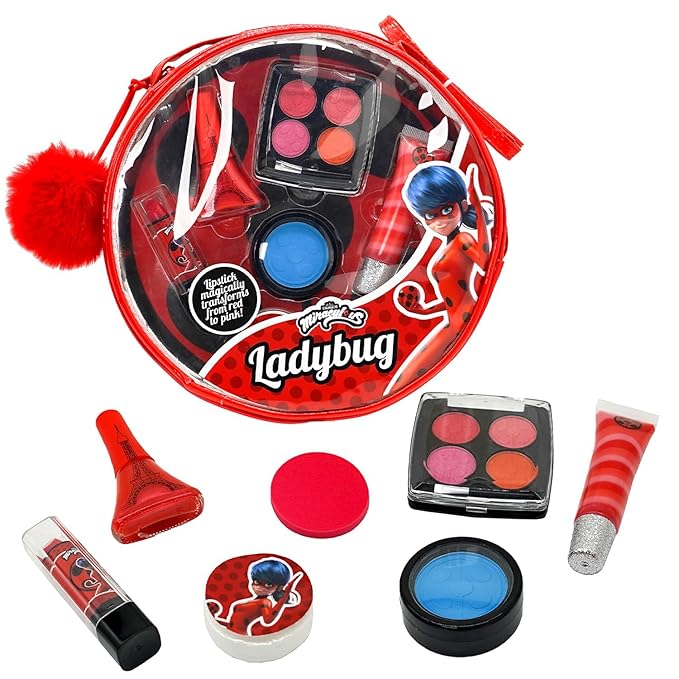 Miraculous Ladybug Kids Makeup Set - 10 Piece Bag with Nail Polish, Hair Chalk, Stickers & More - Safe, Non-Toxic Pretend Play Cosmetics - Miraculous Ladybug Themed Makeup Kit for Children-Velvo Beauty