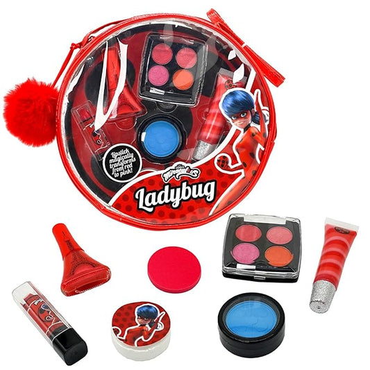 Miraculous Ladybug Kids Makeup Set - 10 Piece Bag with Nail Polish, Hair Chalk, Stickers & More - Safe, Non-Toxic Pretend Play Cosmetics - Miraculous Ladybug Themed Makeup Kit for Children-Velvo Beauty