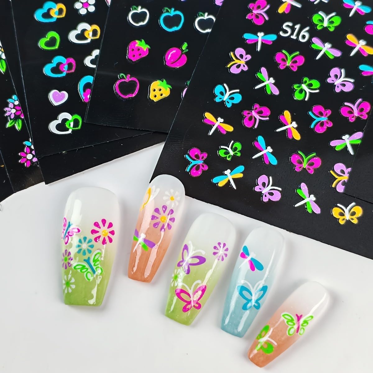 Fluorescence 30 Sheets Flowers Nail Stickers 3D Self-Adhesive Nail Art Charms Sticker Decals for Crafts Supplies Accessories (ST-N)-Velvo Beauty