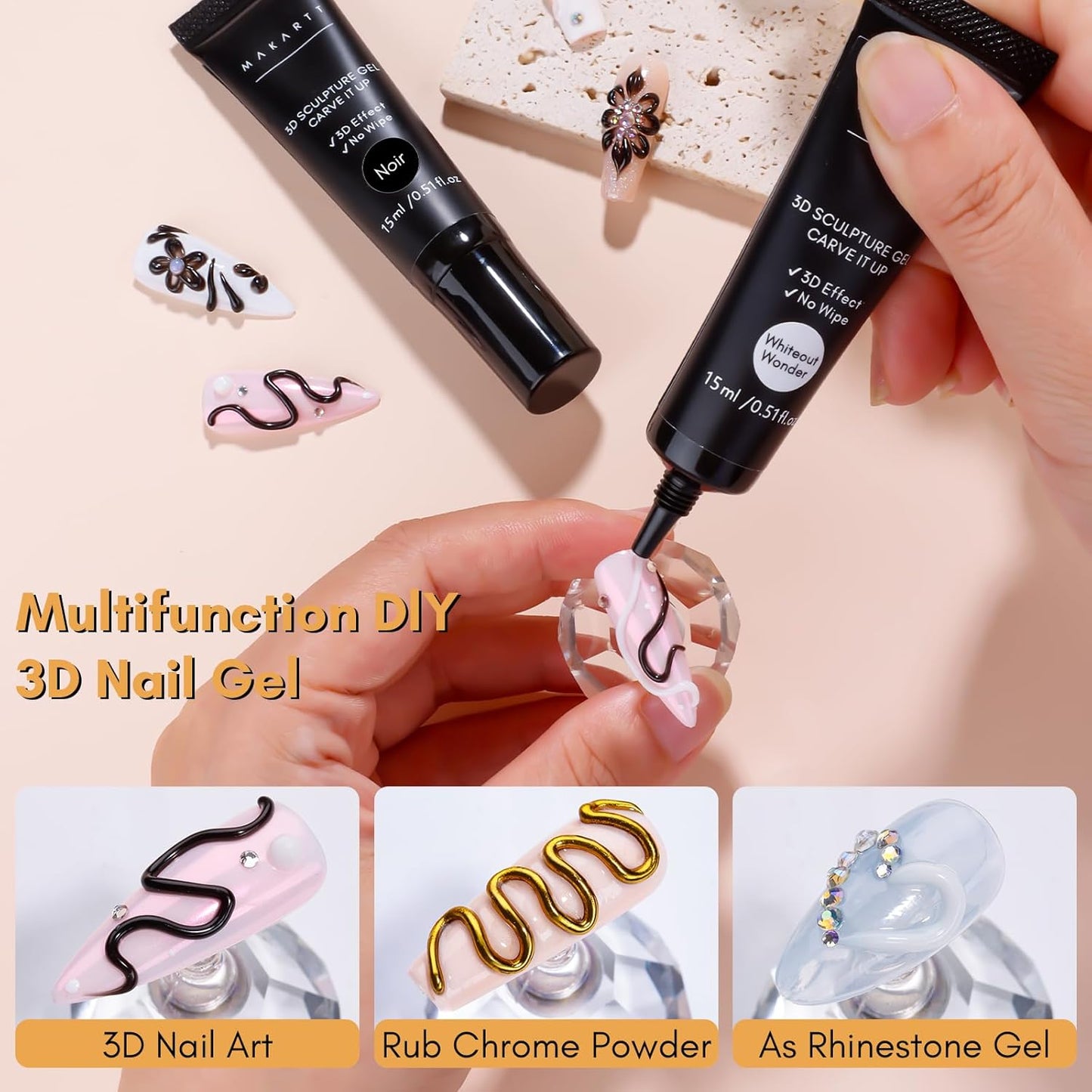 Makartt 3D Gel Nail Art: White and Black Sculpting Candy Molding Gel No Wipe Craving Embossed Gel Polish Set for Decoration Manicure Charm Designs (Whiteout Wonder & Noir)-Velvo Beauty