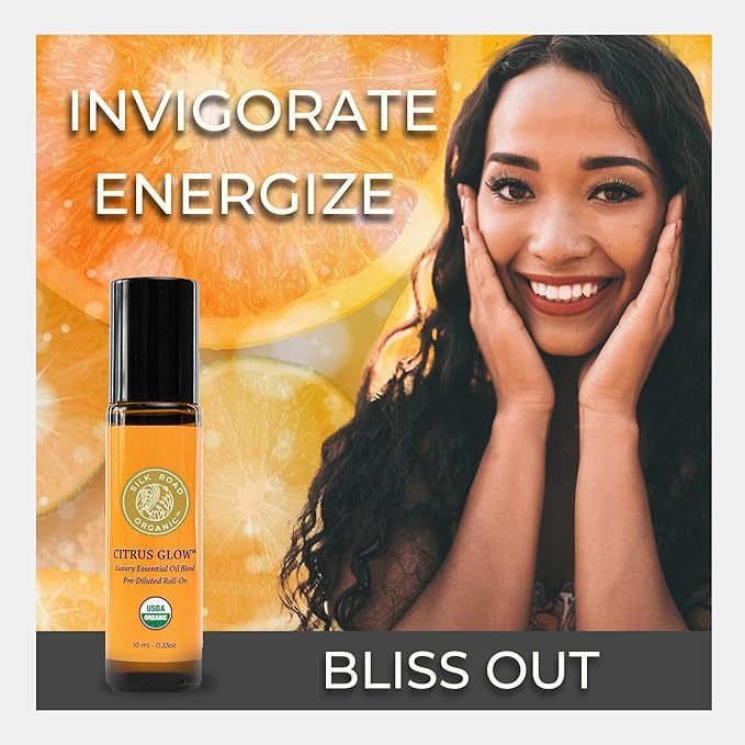 Silk Road Organic Citrus Glow Essential Oil Revive Blend Roll On, 100% Pure USDA Certified Citrus & Vanilla - Uplifting, & Energizing - 10 ml Roller - Always Pure, Always Organic-Velvo Beauty