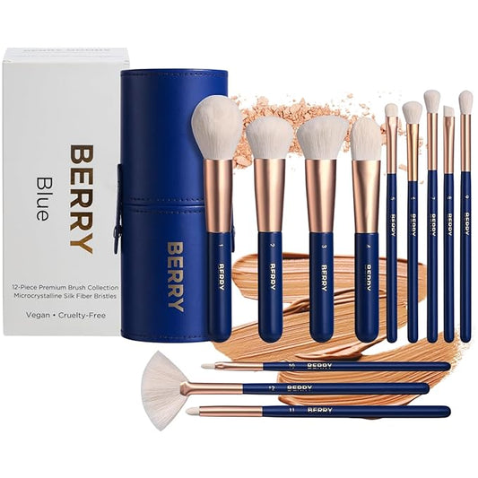 BERRY Blue Premium Makeup Brush Set – 12-Piece Professional Ultra-Soft Synthetic Brushes for Face & Eyes | Foundation, Powder, Blush, Concealer, Eyeshadow – Vegan, Cruelty-Free, Numbered, Travel Case-Velvo Beauty
