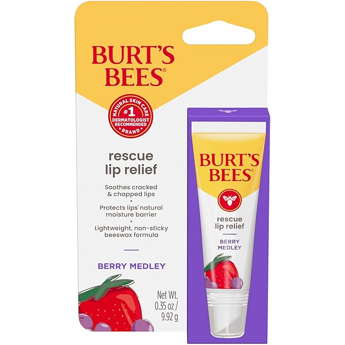 Burt's Bees Rescue Lip Relief, Berry Medley, Hydrating Lip Balm for Dry Cracked Lips, with Responsbily Sourced Beeswax and Shea Butter, 100% Natural Origin, 1 Squeezy Tube, 0.35oz-Velvo Beauty